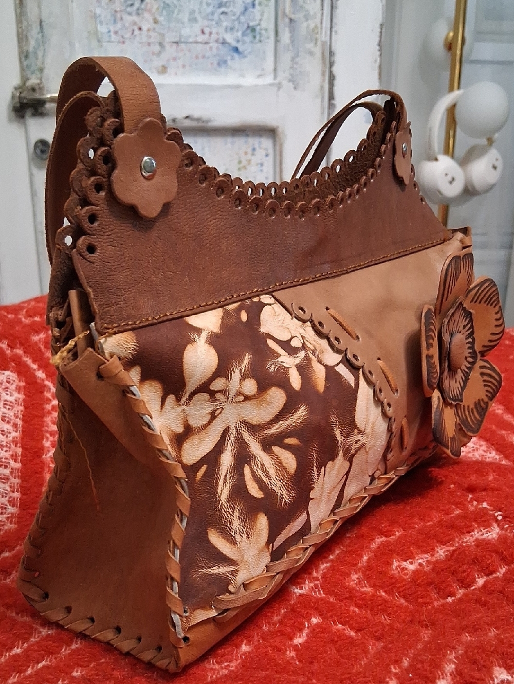 Handcrafted Brown Floral Leather Shoulder Bag